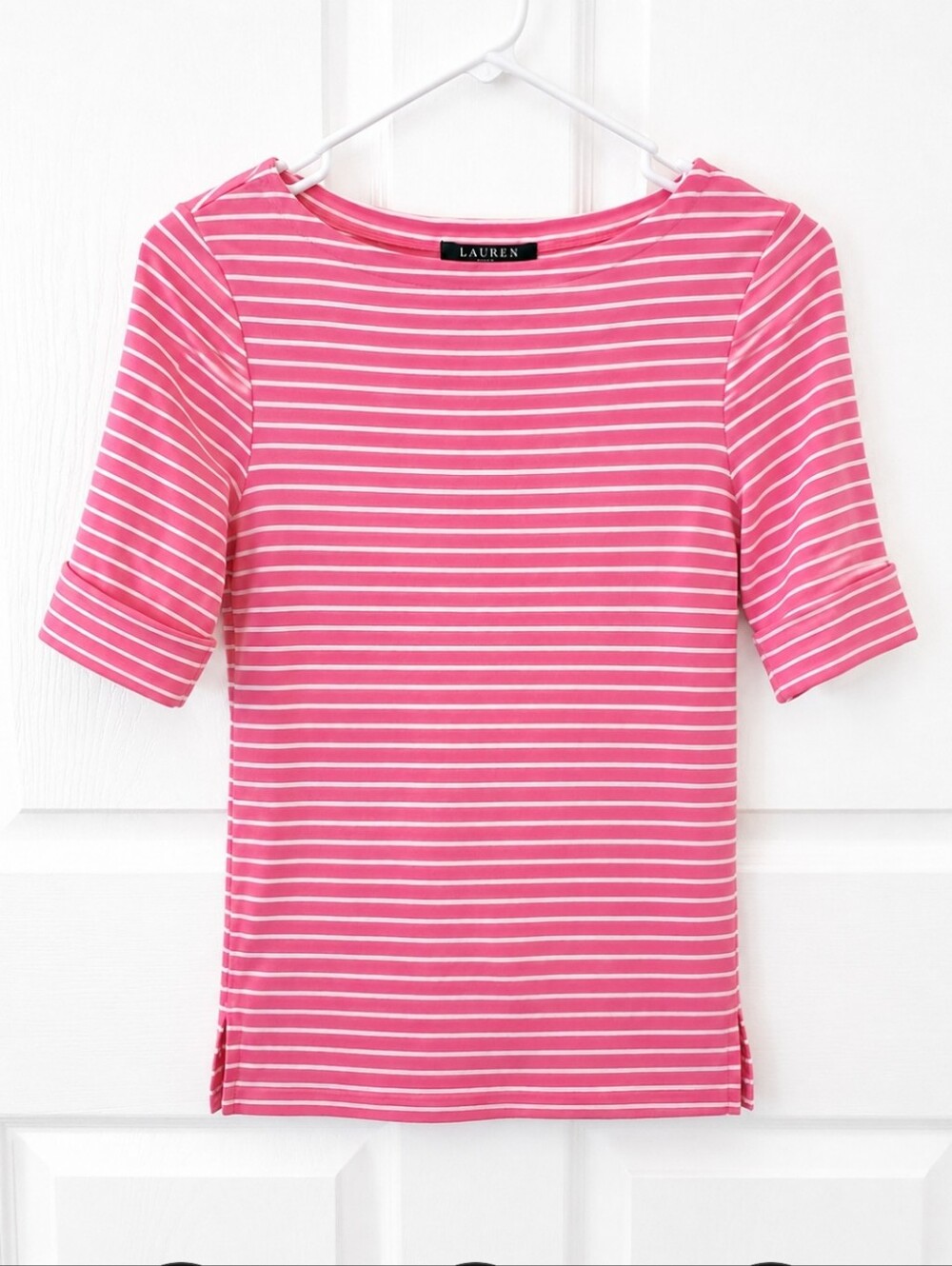 Lauren Ralph Lauren Pink Whitwle Striped Folded Short Sleeve Cotton Top Sz Med